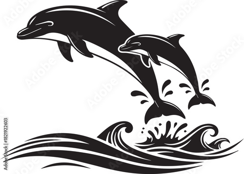 Two playful dolphins leap from ocean waves in a striking black and white graphic design