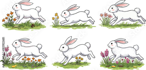 Cute white rabbits running and jumping in meadow, spring wildlife illustration set with flowers, grass and playful bunny movement animation poses