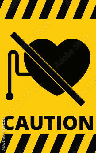 Caution sign with heart and catheter crossed out vector illustration for medical contraindications isolated on yellow background