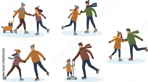 Couples and families ice skating together outdoors in winter, enjoying fun seasonal activities on frozen ice in warm cozy clothing