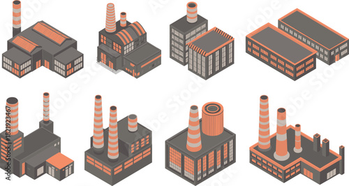 Isometric factory icons, industrial buildings, smokestacks, manufacturing plants, processing units, urban infrastructure, stylized architecture, production facilities