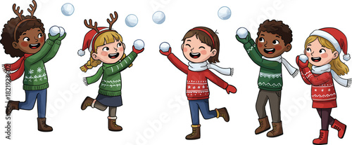 Happy children playing together in festive winter clothing, throwing snowballs and celebrating holiday season fun in a joyful outdoor snowy scene