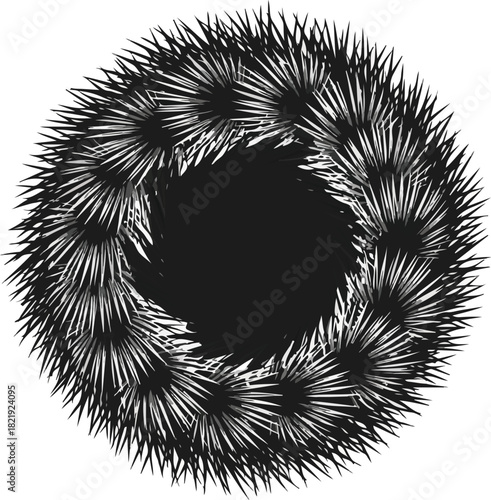 Abstract Circle of Spikes: A visually striking artistic depiction of a circle of spiky elements, forming a bold and captivating abstract design, characterized by sharp contrasts and intricate details.