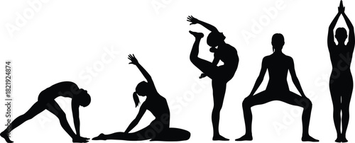 Yoga pose silhouettes, flexibility and balance, cartoon figures, wellness illustration, exercise icons, mindful movement, fitness concept art