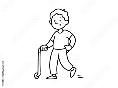 A young boy walks with a cane, suggesting a challenge or a unique personal journey in his development.