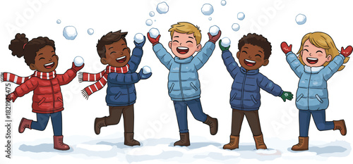 Happy children playing together in winter snow, throwing snowballs and laughing outdoors in colorful jackets during fun holiday season activity