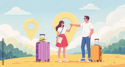 Couple holding hands, ready to explore new destinations together. Adventure time: couple exploring outdoors with luggage. Traveling together: couple hand in hand on a scenic path.