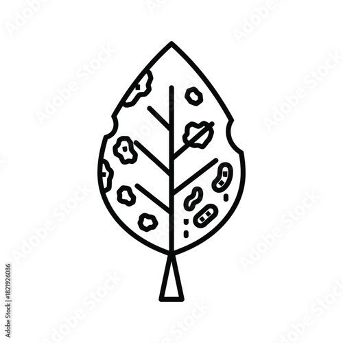 Outline icon of a damaged leaf with spots, isolated on