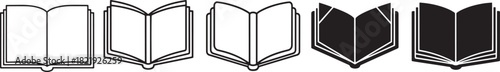 Collection of open book icons in outline and solid styles representing education, reading, knowledge, learning resources, and libraries on a white background Vector