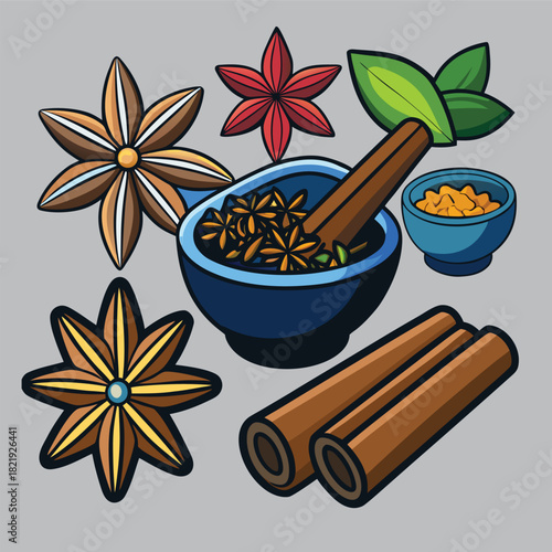 Cinnamon sticks and aromatic spices with herbs on a kitchen surface