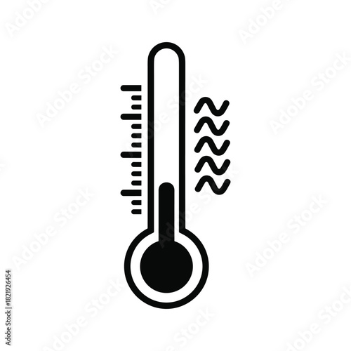 Black and white icon of a thermometer showing high temperature isolated on