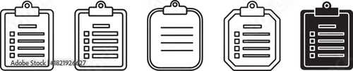 Collection of five versatile clipboard icons featuring checklist and document styles, in both outline and solid variations for diverse design use. Vector