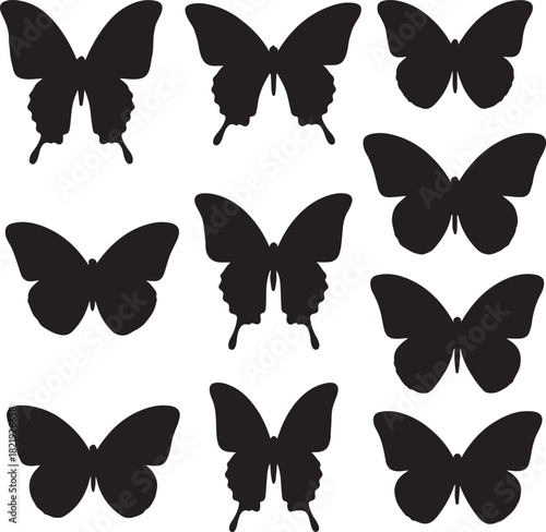 A grid of nine distinct black butterfly silhouettes, each showcasing unique wing shapes and postures against a white background.
