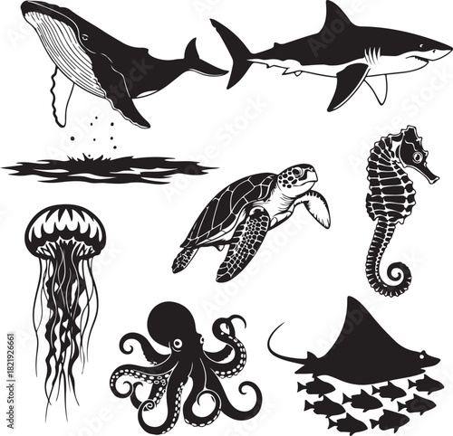 A black and white illustration featuring a variety of sea creatures including a whale, shark, sea turtle, seahorse, jellyfish, octopus, and stingray.
