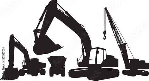 A collection of black silhouettes of heavy construction machinery, featuring excavators and a crane, against a white background.
