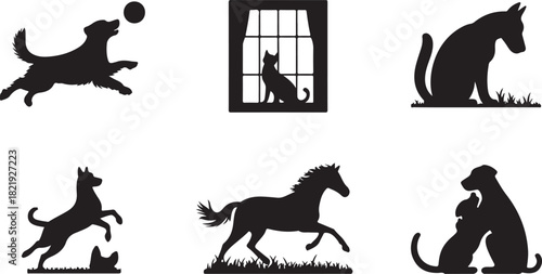 Six distinct black silhouettes showcase a dog playing with a ball, a cat in a window, a dog sitting, a dog with a chicken, a running horse, and two cats embracing.
