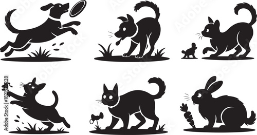 Six black silhouettes depict a dog catching a frisbee, two cats playing, a cat chasing a mouse, and a rabbit near carrots.
