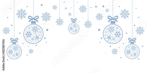 Elegant Christmas border design featuring hanging blue ornaments decorated with snowflakes, along with scattered individual snowflakes. Isolated on a white background, this festive, luxury design of
