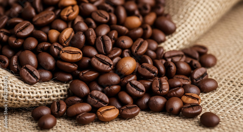 A close up shot of roasted coffee beans scattered on a burlap sack surface in a detailed view
