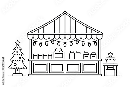 A charming outdoor market stall adorned with festive lights and a decorated Christmas tree displays various goods for sale.