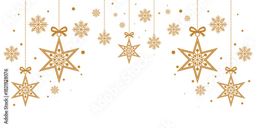 Elegant Christmas border banner featuring hanging golden star decorations intricately patterned with snowflakes. Isolated on a clean white background, this festive design is perfect for holiday header