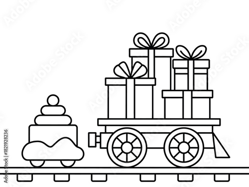 A festive train carrying a stack of wrapped gifts and a snowy caboose travels along railroad tracks, symbolizing holiday deliveries and seasonal joy.
