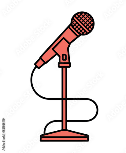 A coral-colored microphone stands on a black adjustable stand, ready for performance.