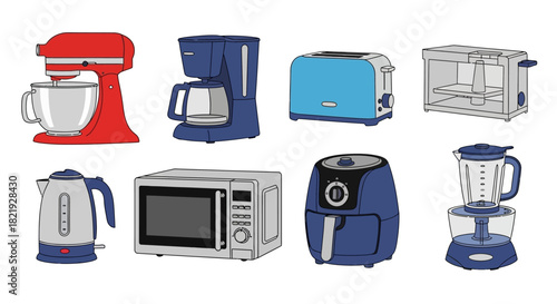 A comprehensive collection of essential modern kitchen appliances, featuring illustrative designs of various home cooking and food preparation devices for everyday use