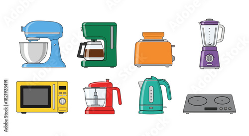Vector collection of modern kitchen electronics and household appliances illustrated in a clean and colorful outline art style