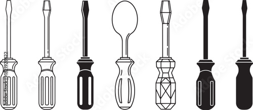 A diverse lineup of slotted screwdrivers, presented in black solid and outline vector styles, featuring a single, unexpected spoon graphic icon. Vector