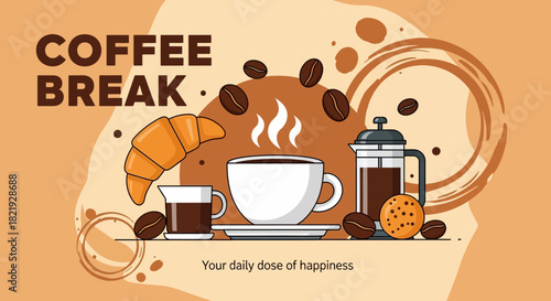 Charming flat illustration depicting a delightful coffee break moment with a steaming cup, golden croissant, roasted coffee beans, and a sweet cookie, perfect for a refreshing pause