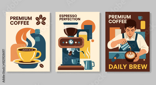 A Trio of Vintage-Inspired Coffee Posters Showcasing Premium Brews and Daily Rituals