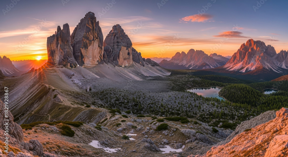 Obraz premium Breathtaking views of rugged peaks and serene lakes at sunset