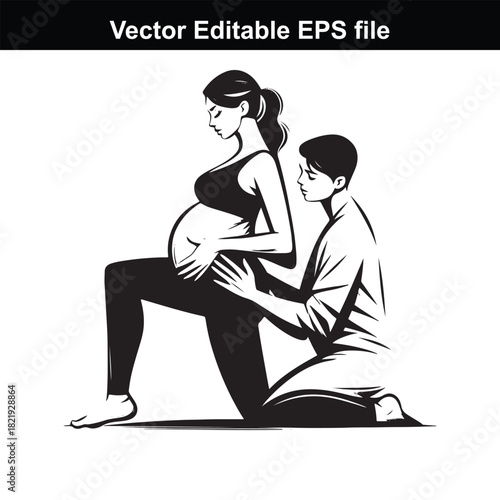 Pregnant woman in yoga pose with partner supporting her, isolated on white background