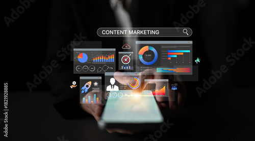 Wallpaper Mural Content marketing interface with data dashboards, analytics charts, and content tools. Marketing success comes from content performance, content planning, and marketing optimization. Spline Torontodigital.ca