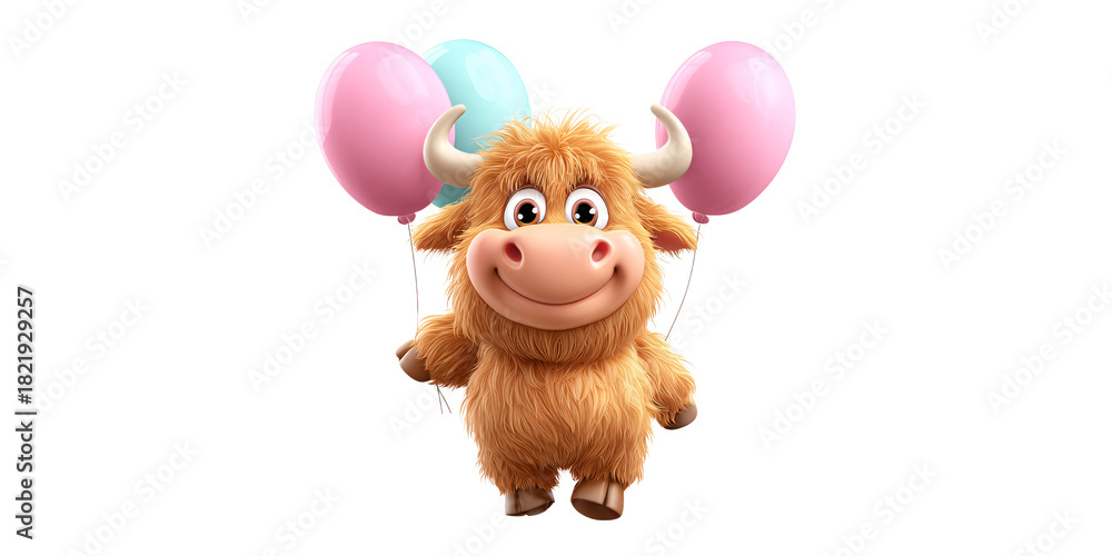 Fototapeta premium Cute cartoon Highland cow calf holding pink and blue balloons, isolated on black background Concept of birthday, celebration, party, and animal character