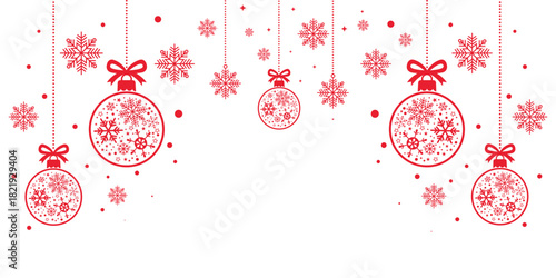 Elegant Christmas border design featuring hanging red ornaments decorated with snowflakes, along with scattered individual snowflakes. Isolated on a white background, this festive, luxury design of