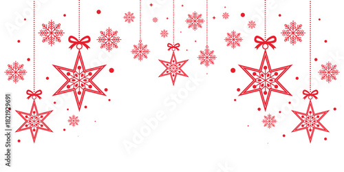Elegant Christmas border banner featuring hanging red star decorations intricately patterned with snowflakes. Isolated on a clean white background, this festive design is perfect for holiday header
