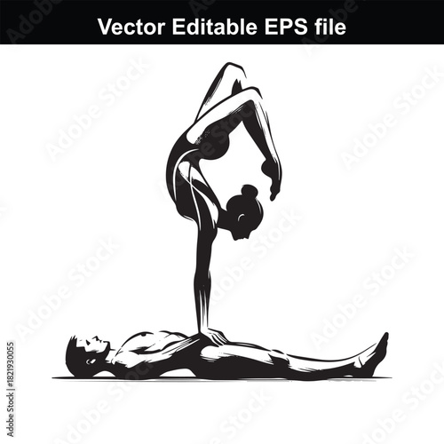 A flexible female contortionist balances on the back of a male partner in a challenging yoga pose, isolated on white background