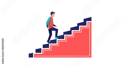 Climbing to success, motivated man ascending stairs, colorful abstract design for business goals and career growth, achieving targets with determination