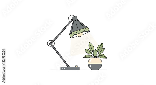 Modern desk lamp illuminating vibrant plant adds a touch of elegance to any workspace or home office setup for a productive and stylish atmosphere