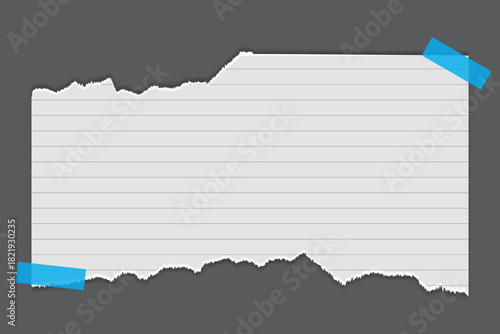 Torn lined paper note with adhesive tape. Paper message attached with sticky tape on dark gray backdrop. Empty sheet for message
