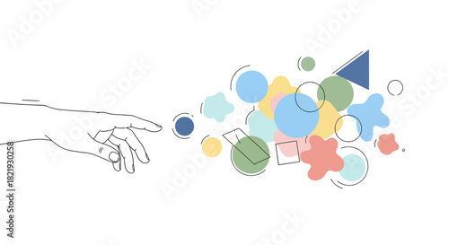 Modern hand reaching for abstract shapes, creative design for business concepts, connecting ideas, innovation, and collaboration in a minimalist style