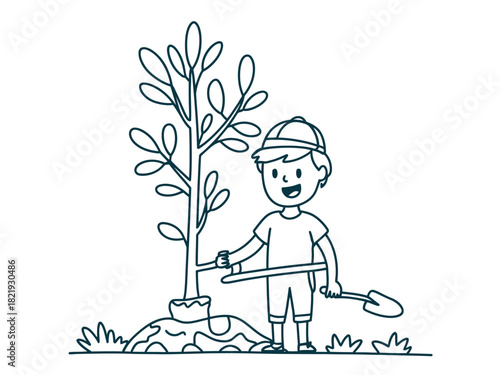 A young boy wearing a hat and holding a shovel is planting a tree in a garden.
