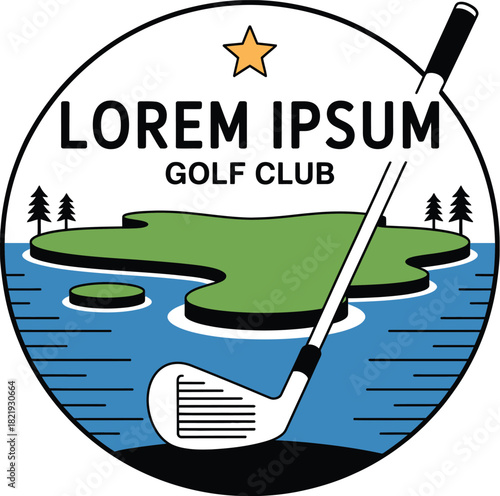 Golf Club Illustration A Round Logo Depicting a Golf Scene with Island and Club