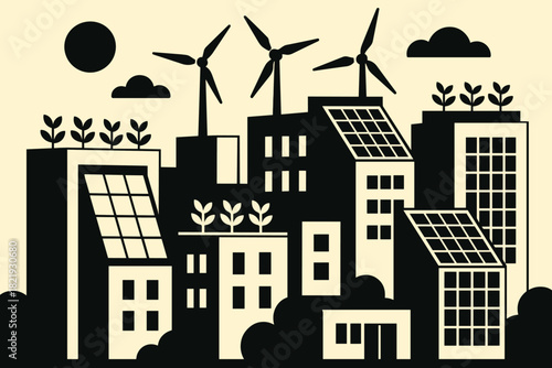 Renewable lines icon energy colors rooftop flat landscape featuring urban vector no