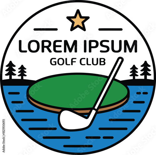 An elegant circular golf club insignia featuring a vivid green island putting area encircled by serene blue water, symbolizing leisure and precision sport
