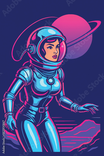 Retro space girl with chrome suit vector