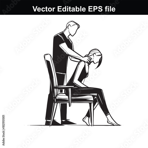 Stylized line art illustration of a man giving a woman a neck massage while she sits in a chair, isolated on white background