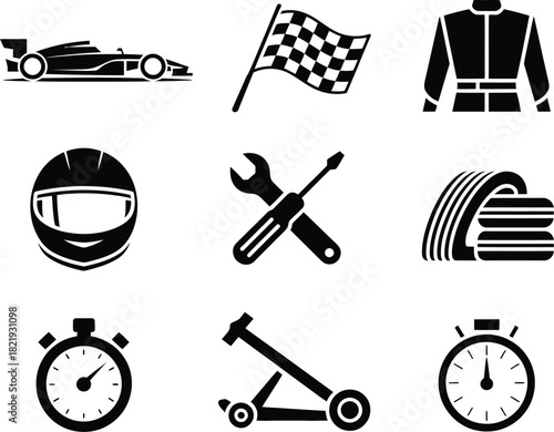 Set of racing and sport icons, including cars, flags, tools, and safety gear